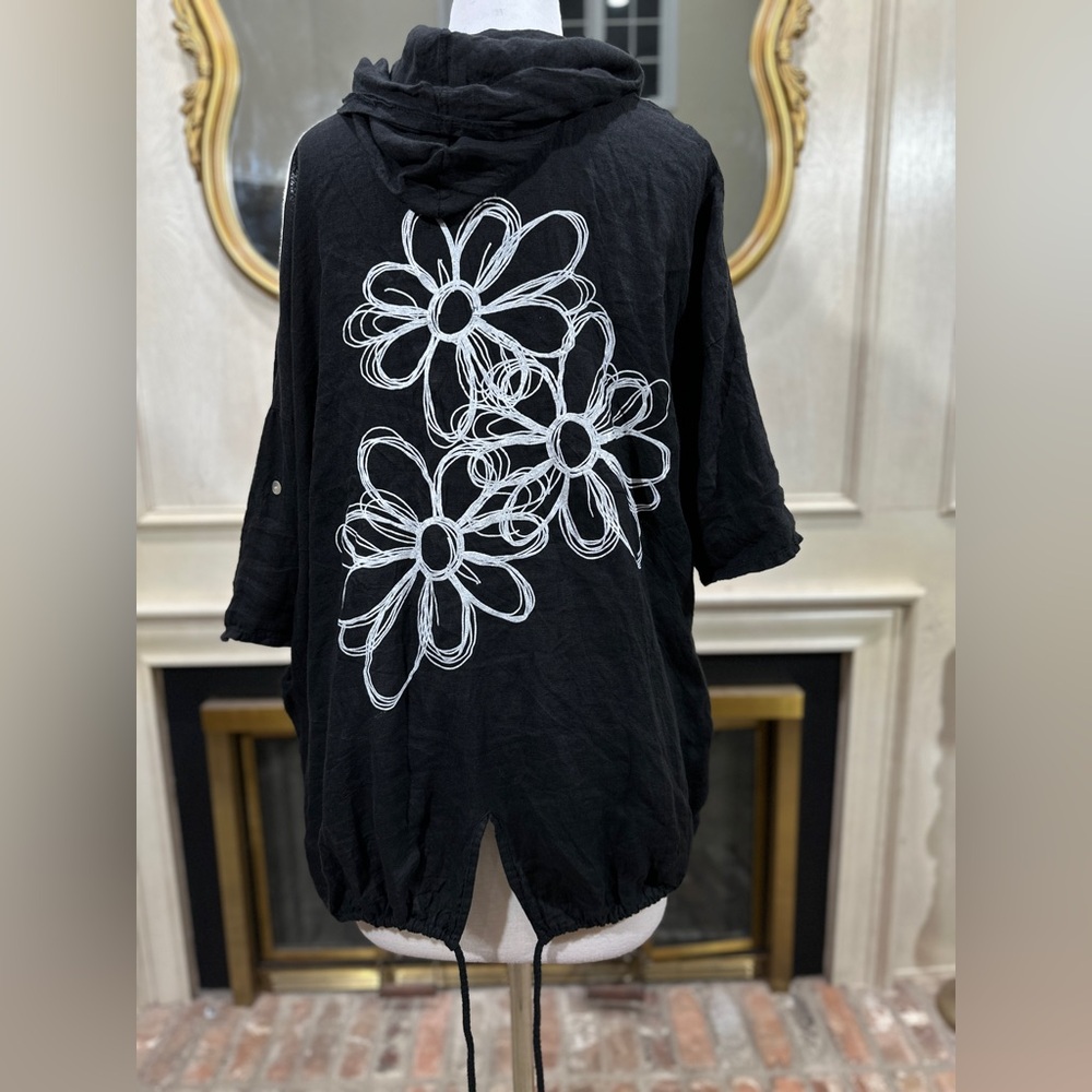 Gigi Moda Italy Linen Hooded Jacket Black Drawstring Hem Floral Back OS - Picture 7 of 15